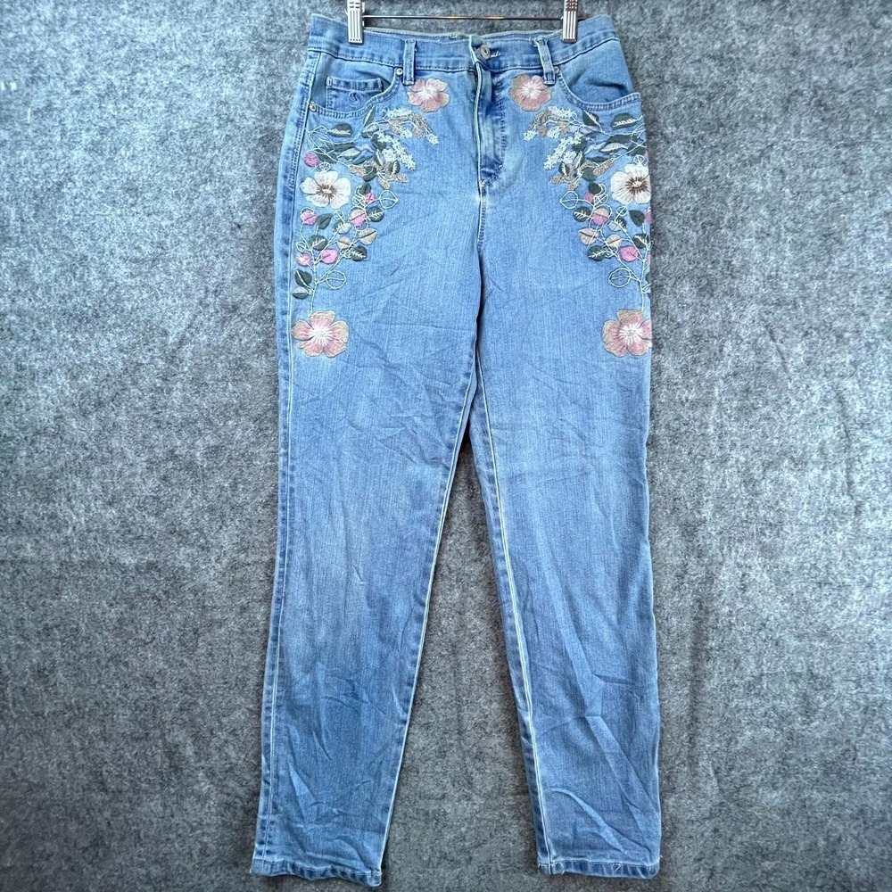 Amanda All Around Slimming Effect Jeans Womens 8 Blue Y2K‎ Embroidered Floral